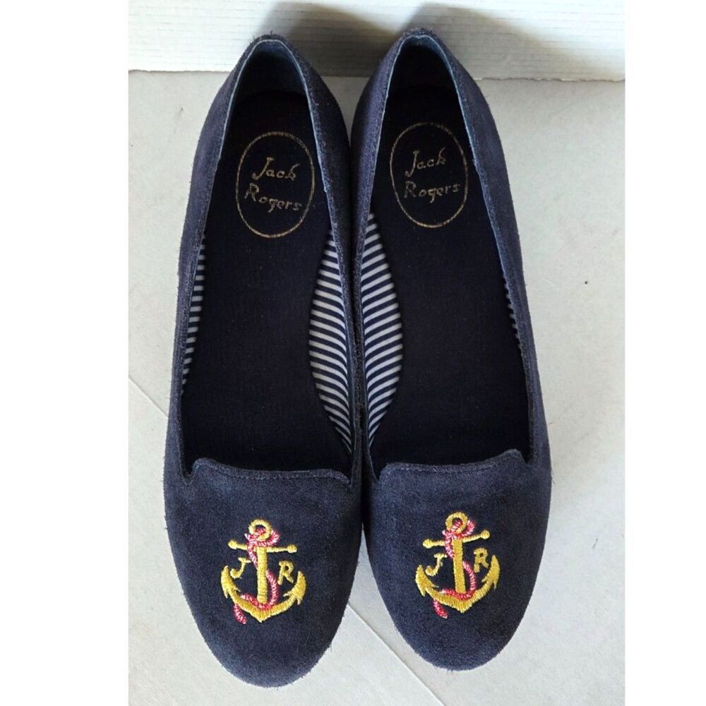 Jack Rogers Anchor Monogram Women Smoking Slipper Loafer Flat 8.5M Navy Suede